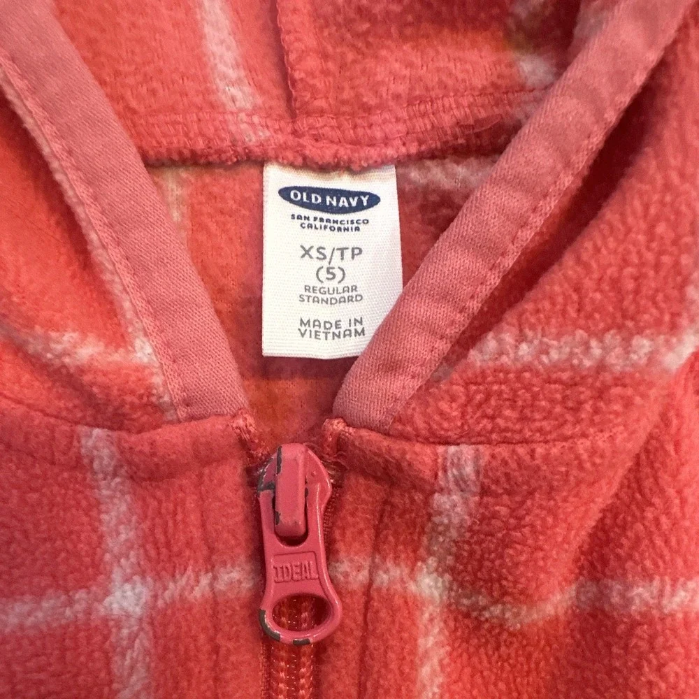 Old Navy Girls XS 5 Pink White Plaid Fleece Full Zip Hoodie Pockets 064